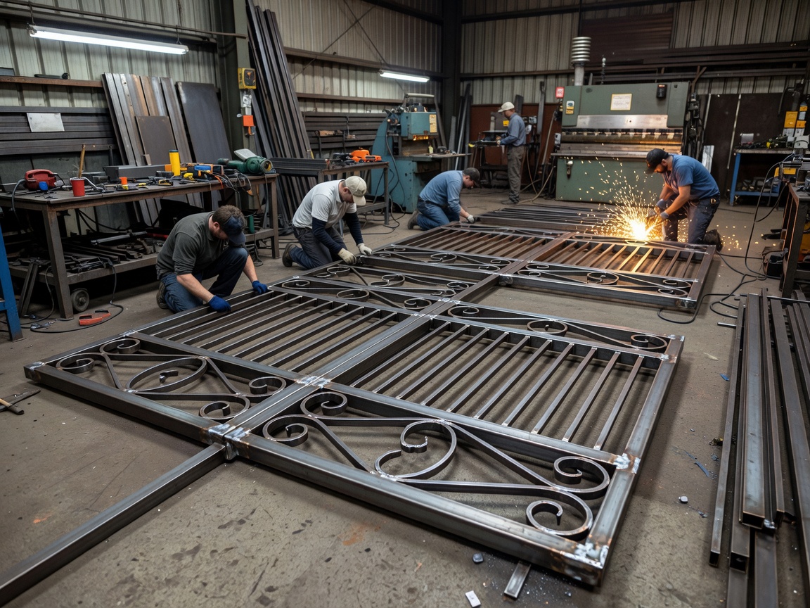 Documentary photo of a large custom steel driveway gate being assembled on a workshop floor