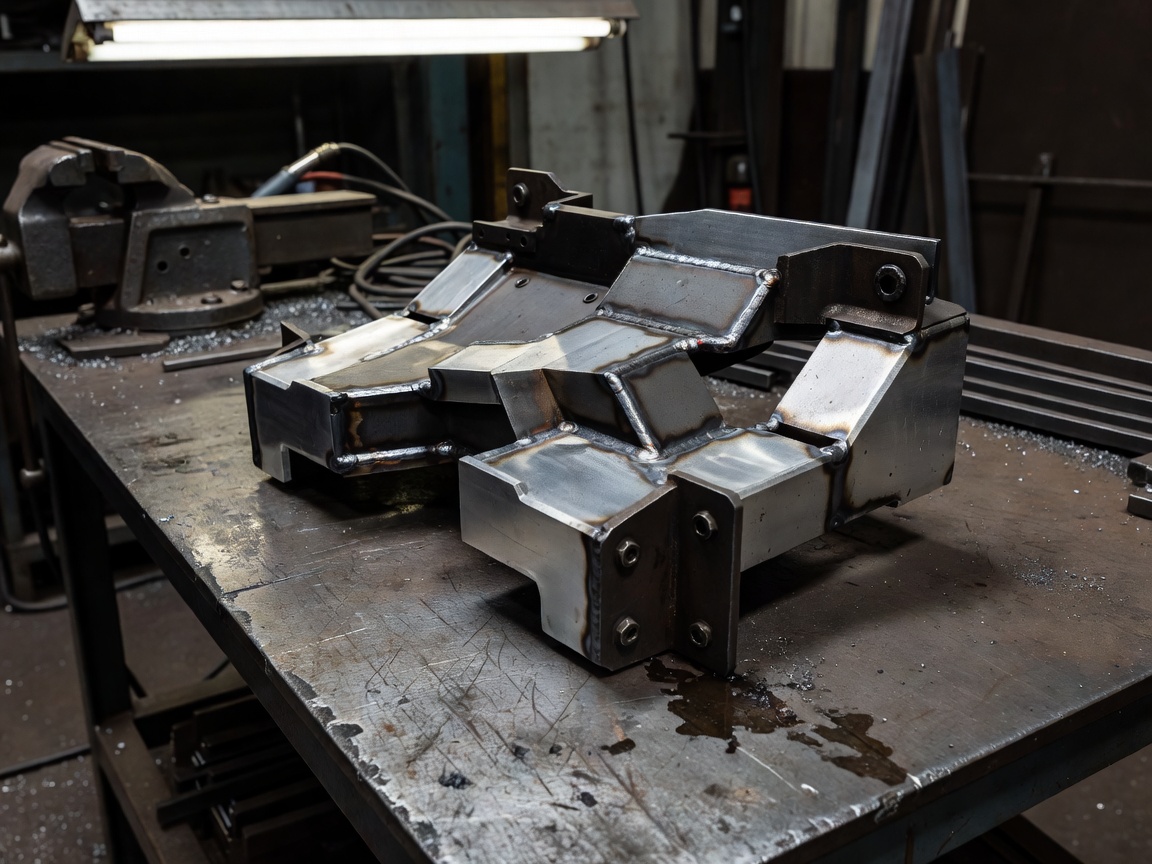 Photograph of a fabricated custom metal part resting on a realistic workshop table