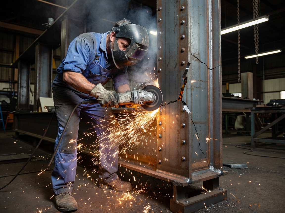 Realistic photograph of a fabricator grinding out a crack in a steel structure before repair welding