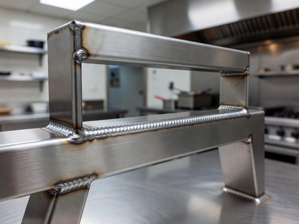 Real-world photograph of clean TIG welding on a stainless steel fixture for a commercial kitchen