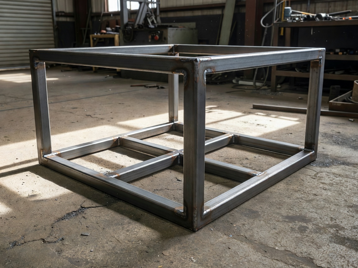 Realistic shot of a welded square tubular steel frame resting on a natural concrete workshop floor
