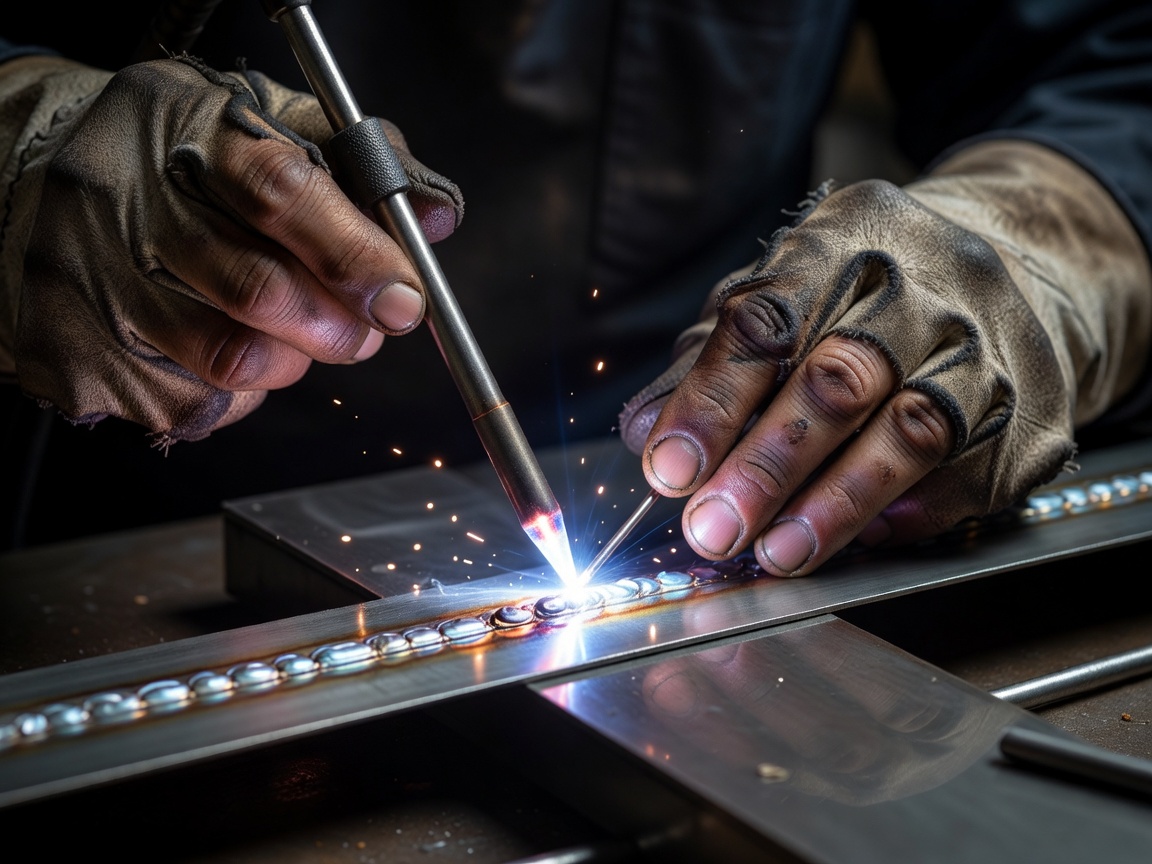 Close-up realistic photograph showing the natural hands of a welder using a TIG torch on thin metal
