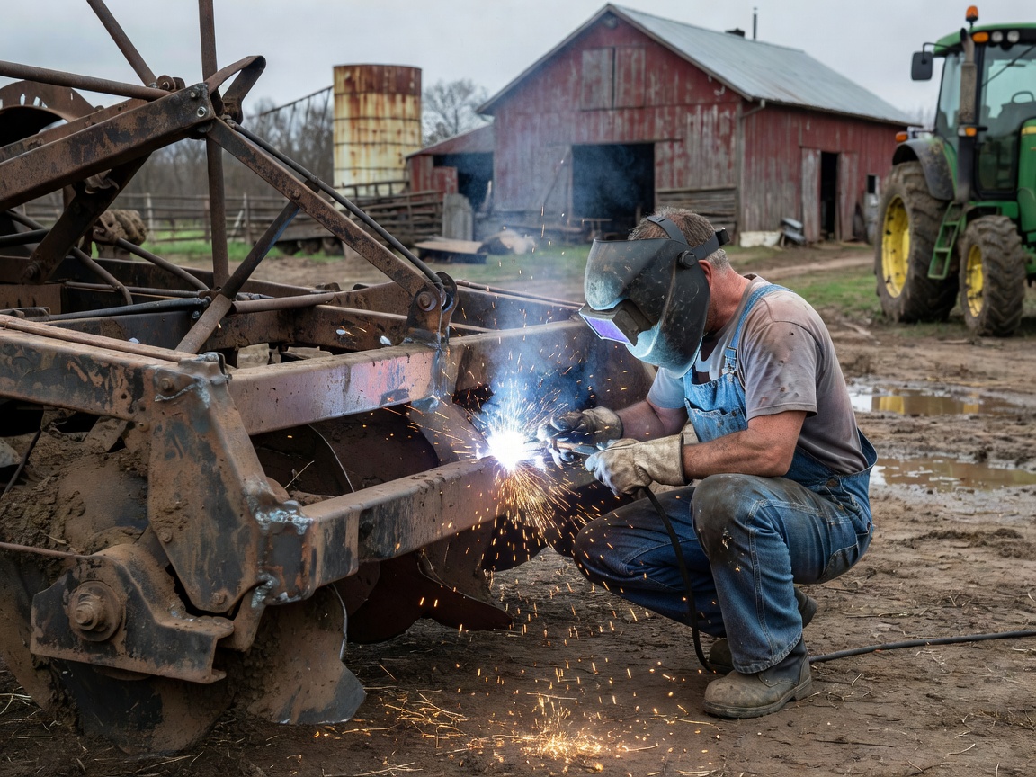 Authentic photograph of a welder repairing a worn tractor implement on a farm