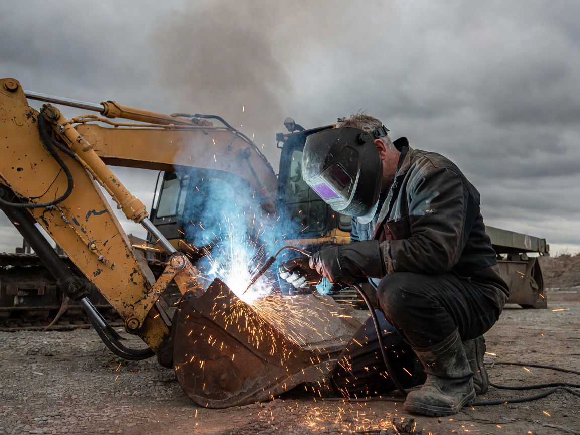 Real-world photograph of a worker performing arc welding on heavy equipment outdoors