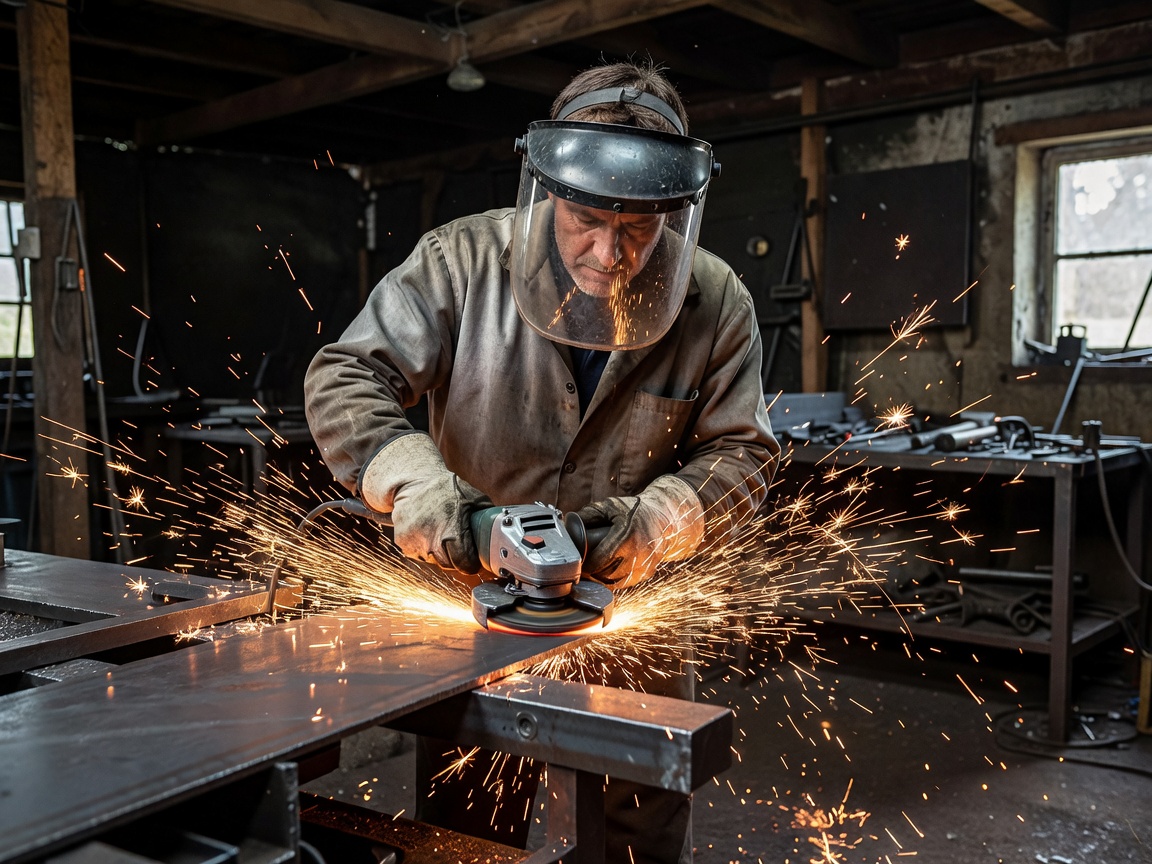 Realistic action photograph of a fabricator cutting raw metal with an angle grinder in a natural workshop