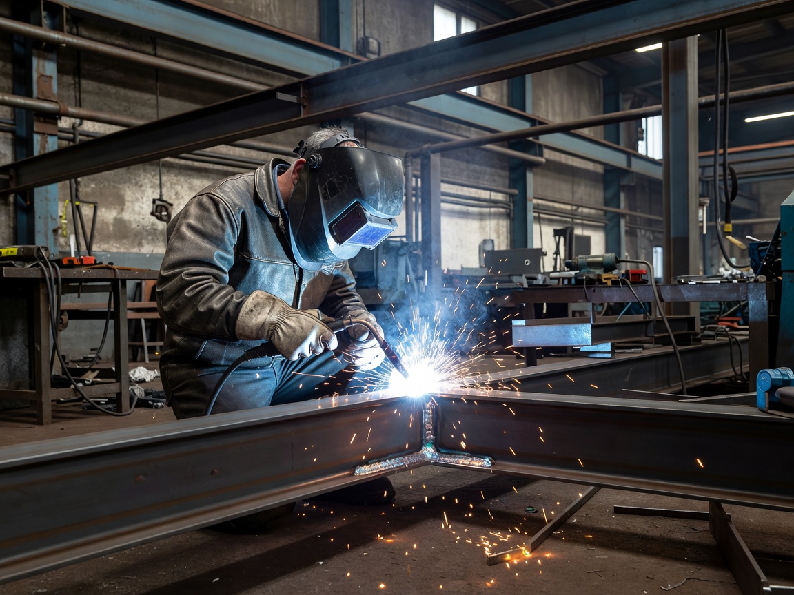 Realistic photograph of a professional welder in protective gear working on a steel joint in an industrial workshop