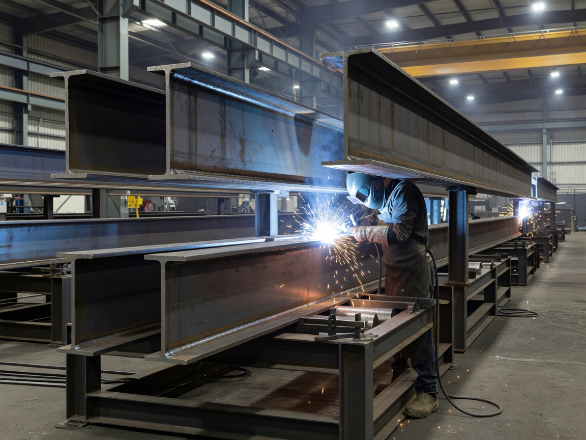 Real photograph of thick structural steel I-beams being welded together in a large fabrication facility