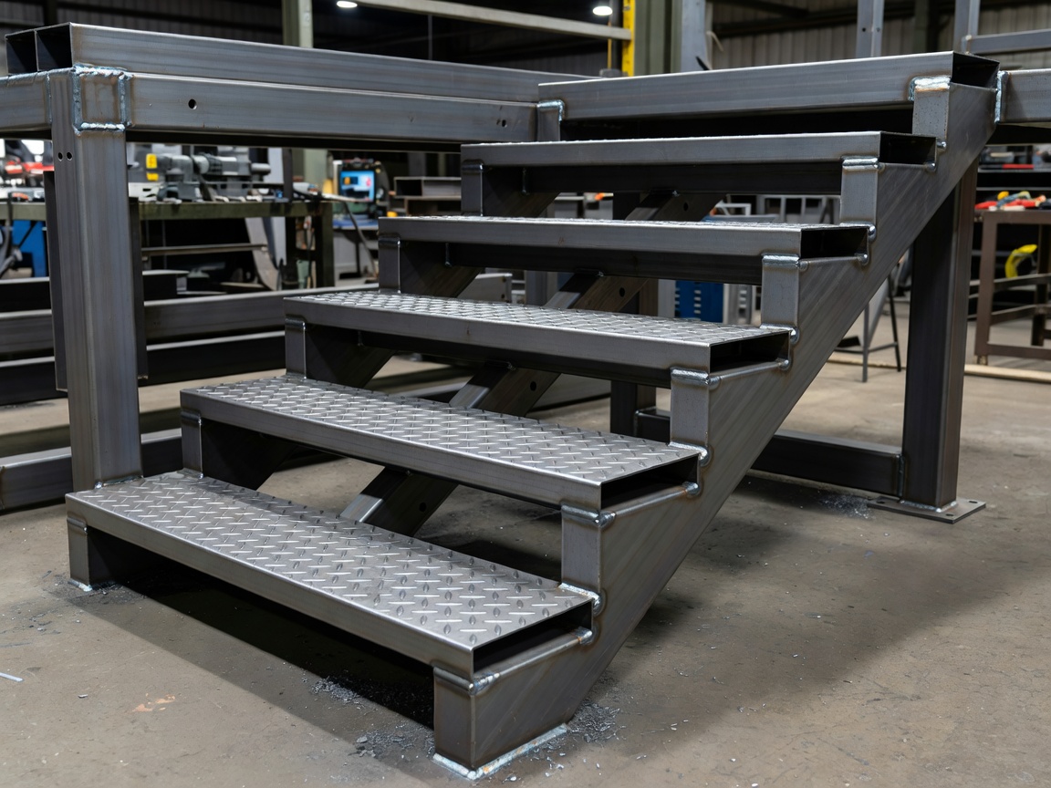 Real photograph of a structural steel staircase with durbar treads recently fabricated in a shop