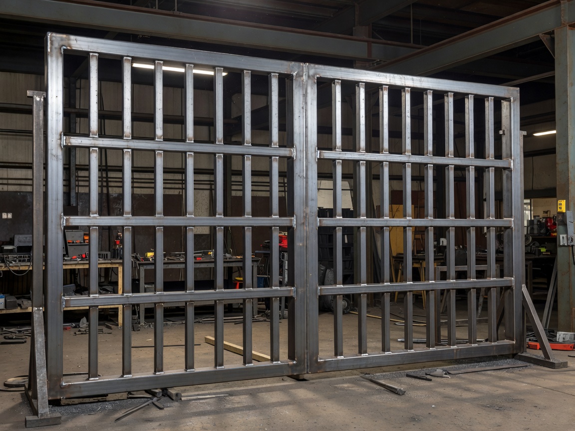 Authentic photograph of a newly fabricated heavy-duty steel gate in a workshop