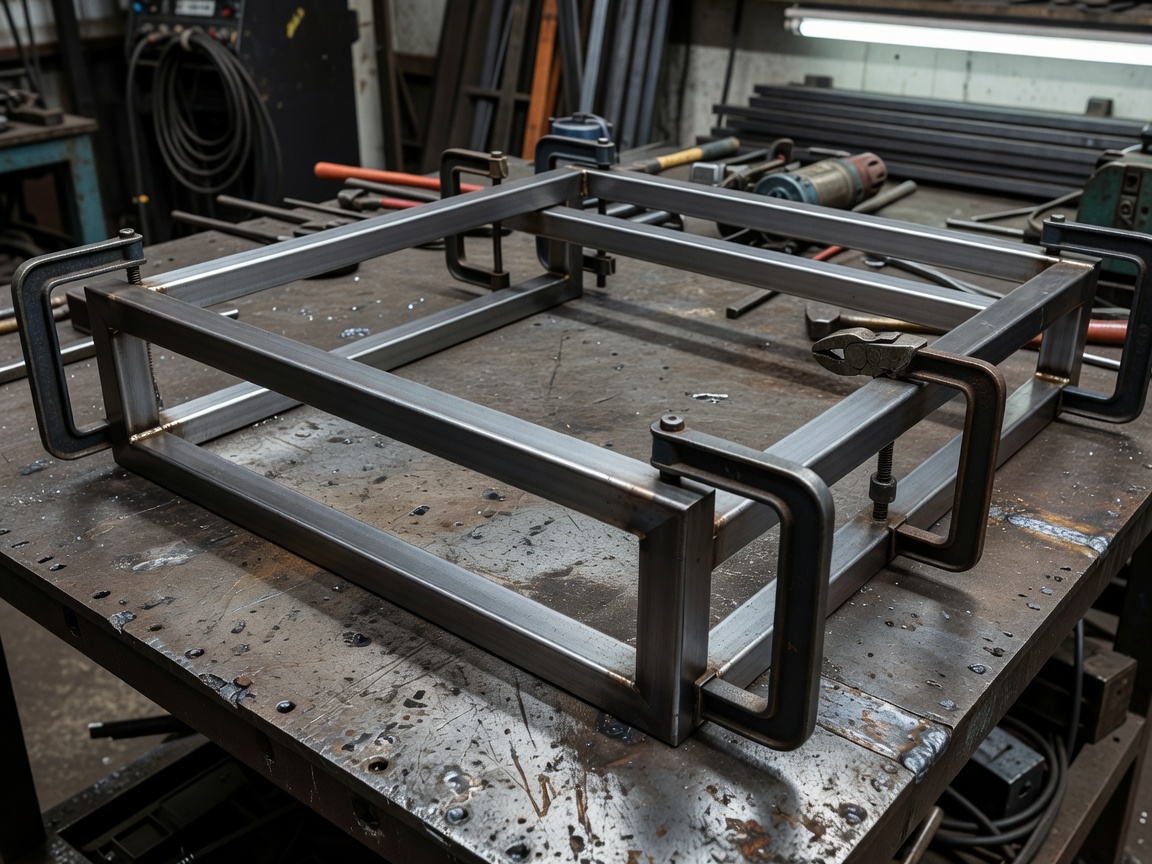 Authentic image of a precision-cut square tubular steel frame clamped on a welding table