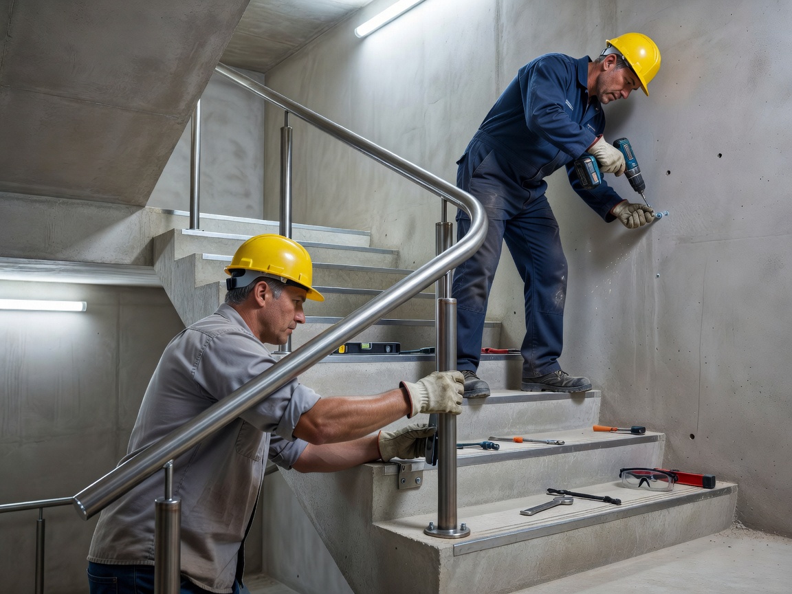Realistic photo of a newly fabricated steel handrail being installed in a commercial stairwell