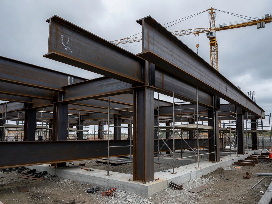 Documentary photo of heavy structural I-beams assembled on a construction site