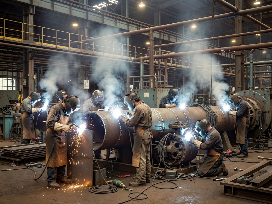 Authentic wide photograph of multiple welders working on large-scale plant maintenance in an industrial factory