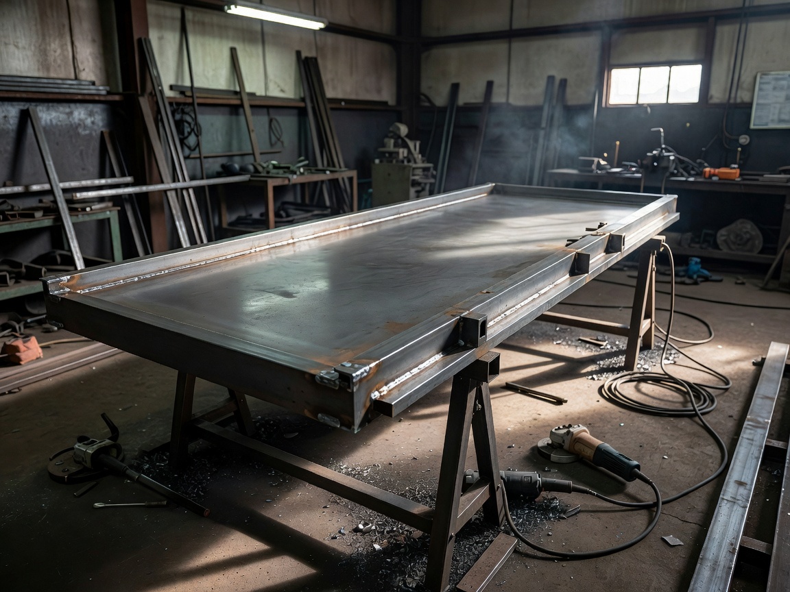 Realistic photograph of a heavy solid steel security door and reinforced frame mid-fabrication