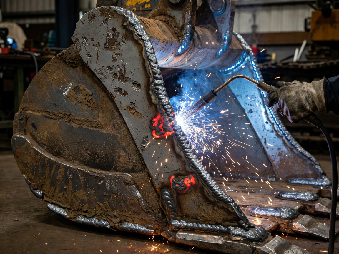 Authentic close-up photograph of an excavator bucket receiving hard-facing weld repairs