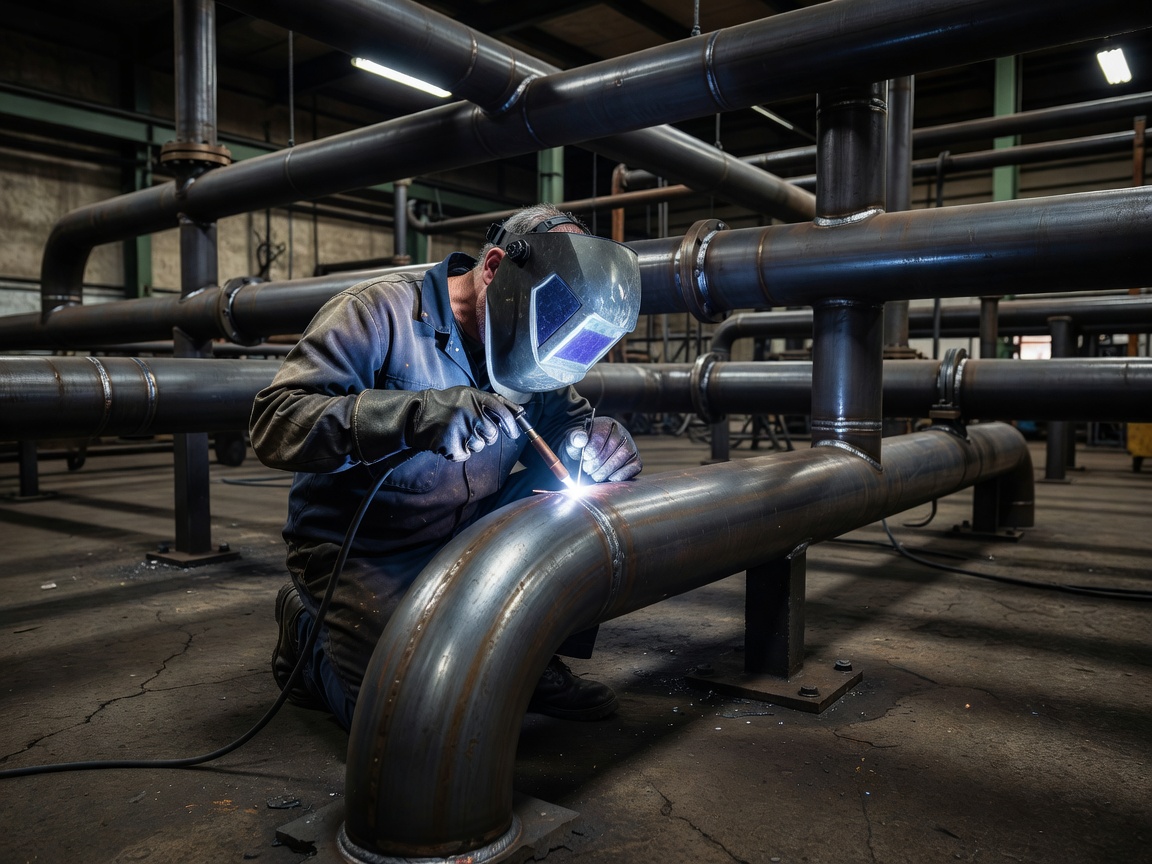 Documentary style photograph of a pipe welder performing TIG welding on industrial carbon steel piping