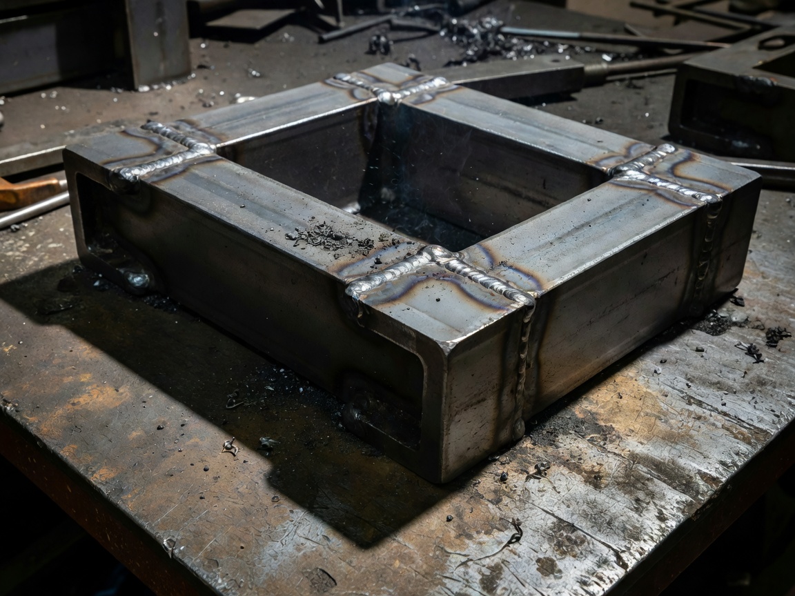 Documentary shot of a heavy-duty steel bracket resting on a worn metal workbench after welding