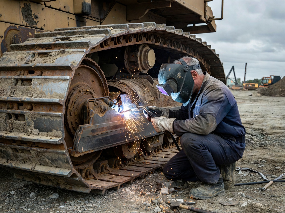 Real-world photograph of a welder repairing heavy machinery tracks outdoors