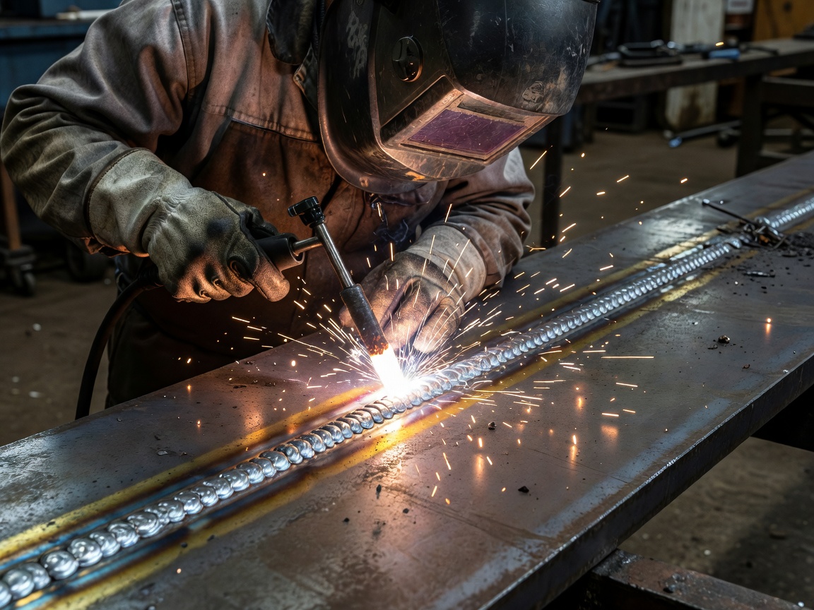 Authentic close-up photo of a welder creating a continuous robust MIG weld on thick carbon steel