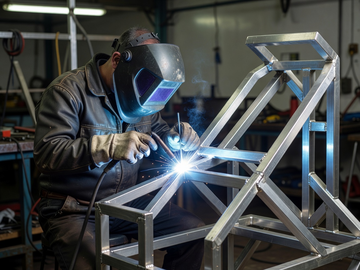 Documentary shot of a welder performing AC TIG welding on a custom aluminium framework