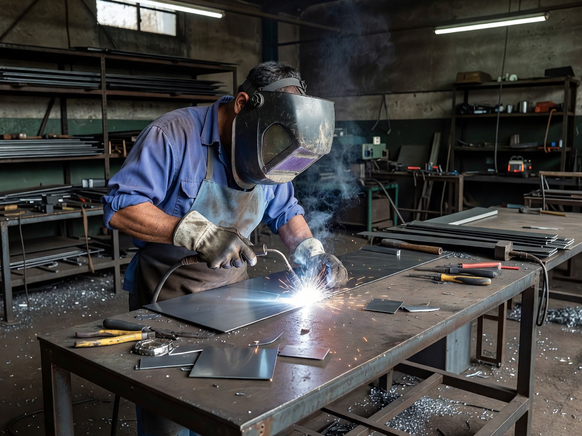 Documentary photo of a fabricator carefully welding thin gauge sheet metal on a workbench